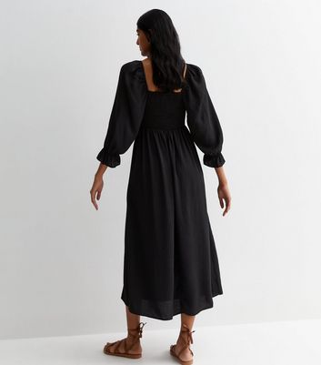 Black Long Sleeve Shirred Midaxi Dress New Look
