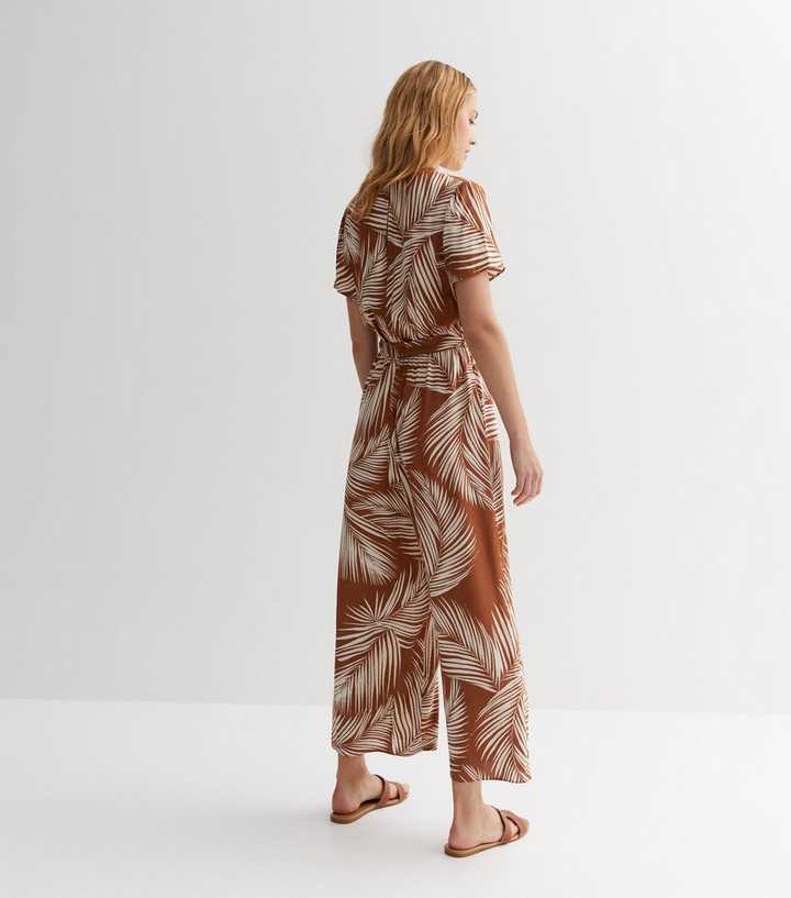 Petite Palm Print Wrap Front Jumpsuit