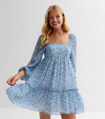 Blue Ditsy Floral Chiffon Puff Sleeve Mini Dress New Look