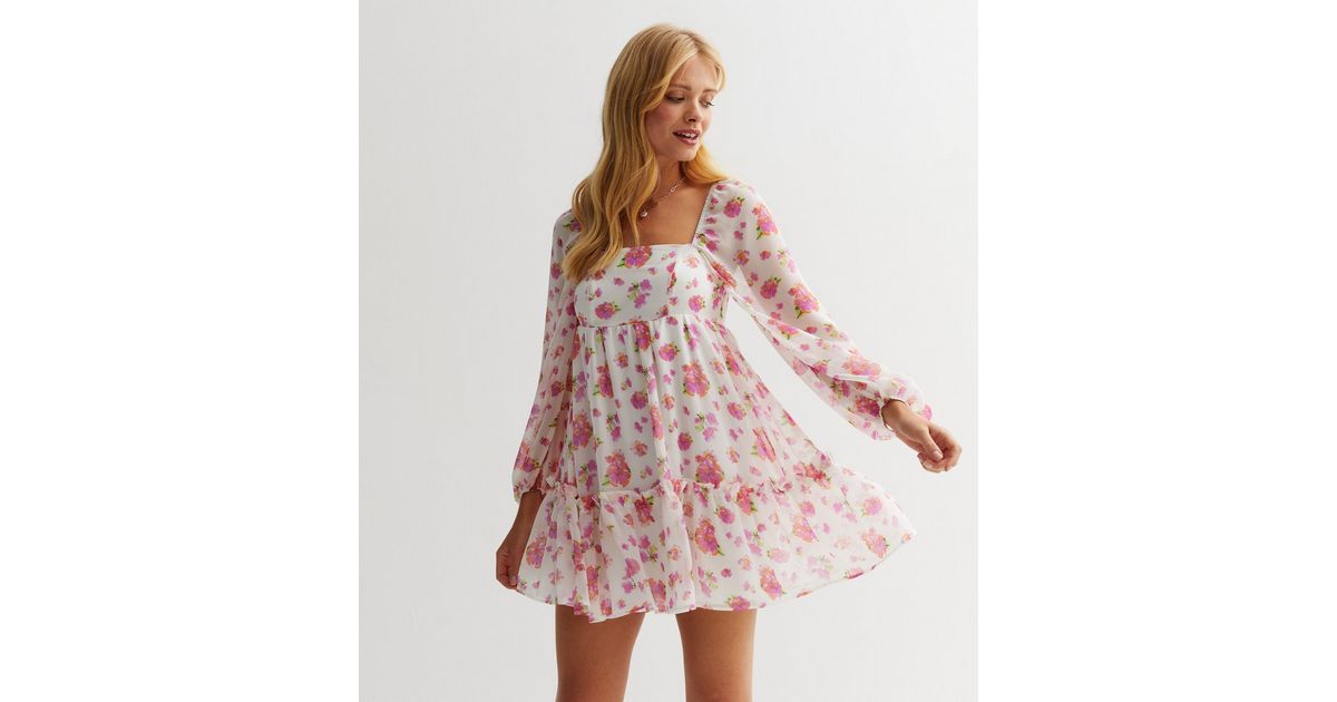 Romantic White Floral Chiffon Mini Dress