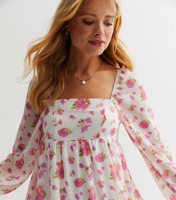 White Floral Chiffon Puff Sleeve Mini Dress New Look