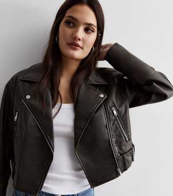 Dark Grey Leather-Look Crop Oversized Jacket