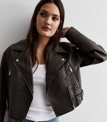 Dark Grey Leather-Look Crop Oversized Jacket | New Look