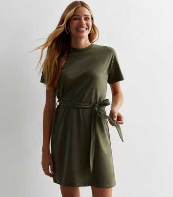 Olive Cotton Belted Mini T-Shirt Dress