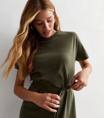 Olive Cotton Belted Mini T-Shirt Dress New Look