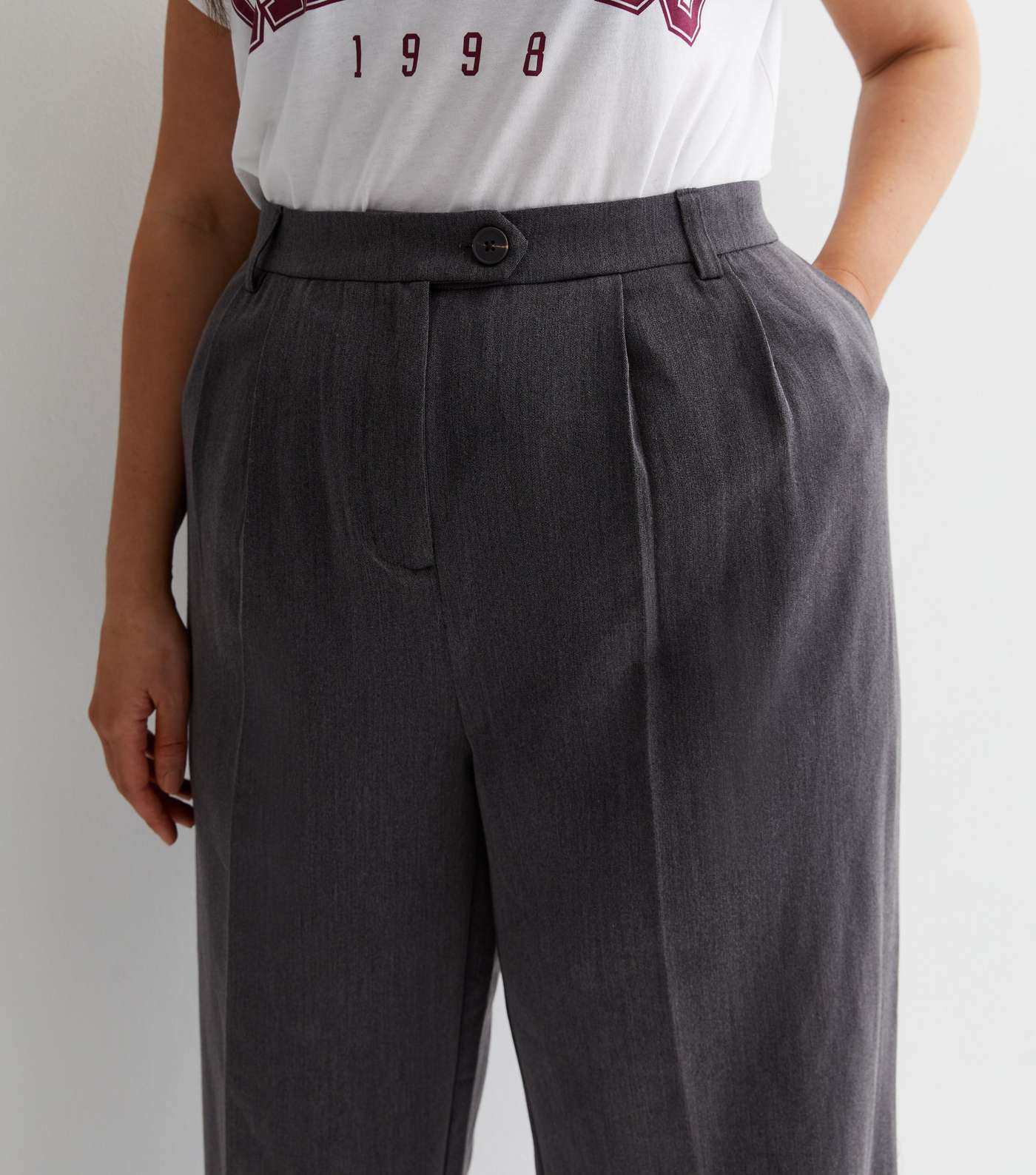 Curves Grey Tailored Wide Leg Trousers Image 2