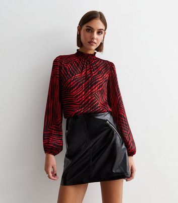 Red Abstract Print Frill Neck Blouse New Look