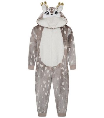 Loungeable Kids Light Brown Reindeer Fleece Onesie New Look