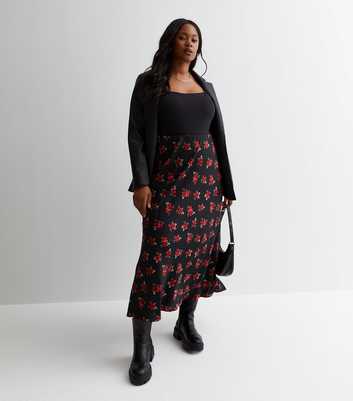 Curves Black Rose Print Satin Midaxi Skirt