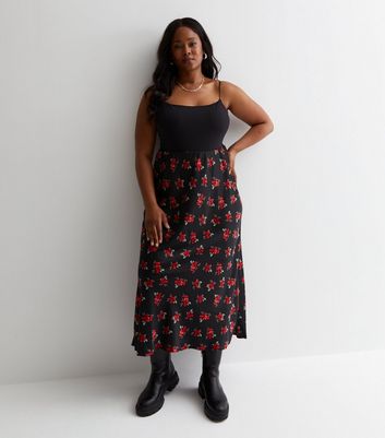 Curves Black Rose Print Satin Midaxi Skirt New Look