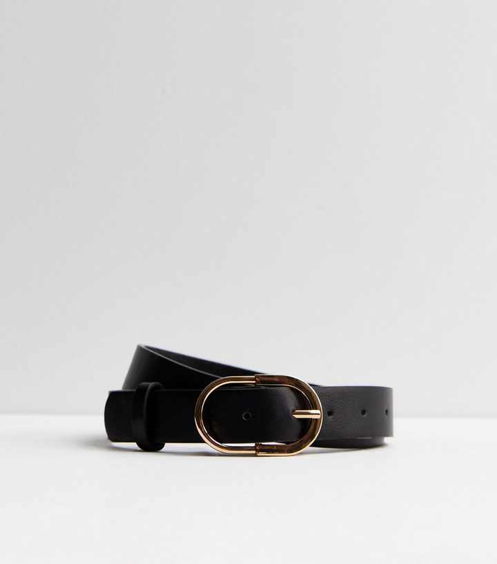 Black Leather-Look Oval Buckle Belt