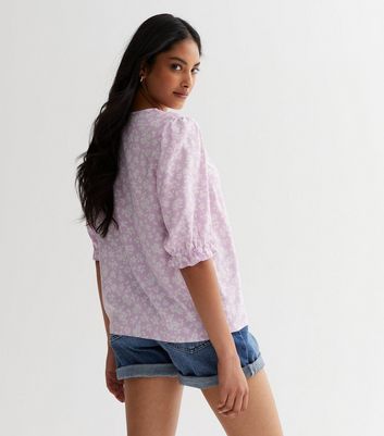 Purple Floral Frill Sleeve Shell Top New Look