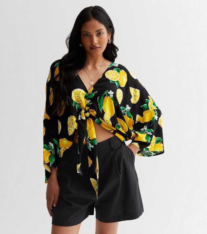 Black Lemon Print Tie Front Top