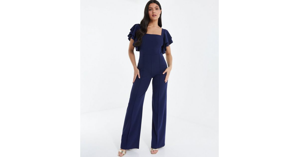 QUIZ Navy Ruffle Sleeve Wide Leg Jumpsuit New Look