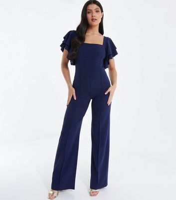 QUIZ Navy Ruffle Sleeve Wide Leg Jumpsuit | New Look