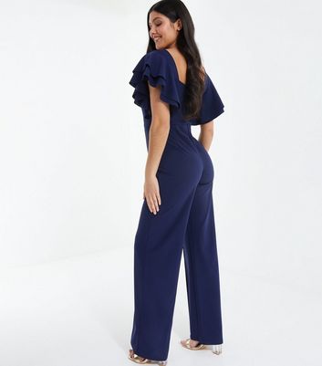 QUIZ Navy Ruffle Sleeve Wide Leg Jumpsuit | New Look