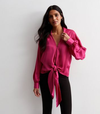 Bright Pink Satin Tie Front Shirt New Look
