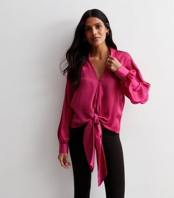 Bright Pink Satin Tie Front Shirt | New Look