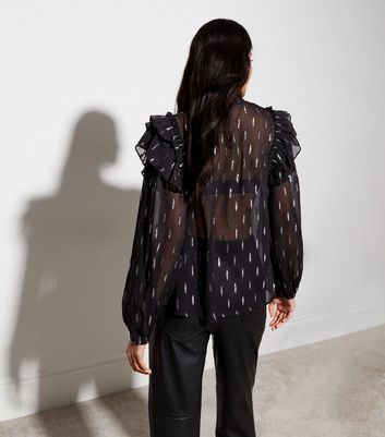 Black Metallic Spot Sheer Frill Blouse | New Look