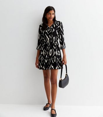 Black Abstract Print Tiered Mini Shirt Dress | New Look