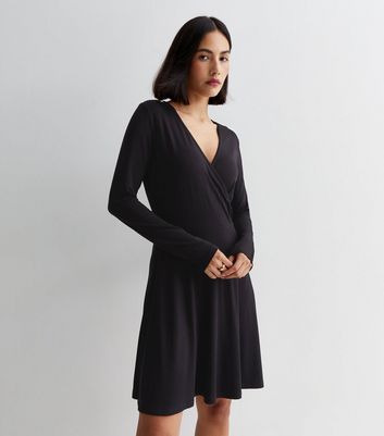 Black jersey wrap store dress long sleeve