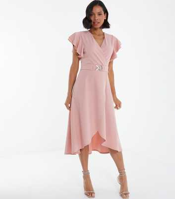 QUIZ Pink Belted Midi Wrap Dress