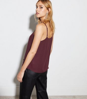 Burgundy Lace Trim Cami Top New Look