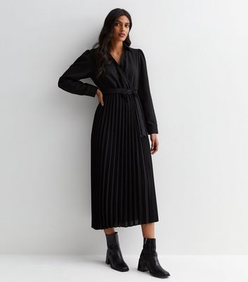 Black Satin Pleated Wrap Midaxi Shirt Dress | New Look