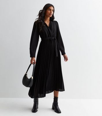 Black Satin Pleated Wrap Midaxi Shirt Dress | New Look