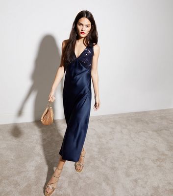 Silky navy blue on sale dress