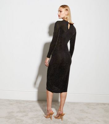 Black Glitter Jersey Ruched Midi Dress New Look