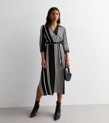 White Stripe Collared Belted Midi Dress New Look
