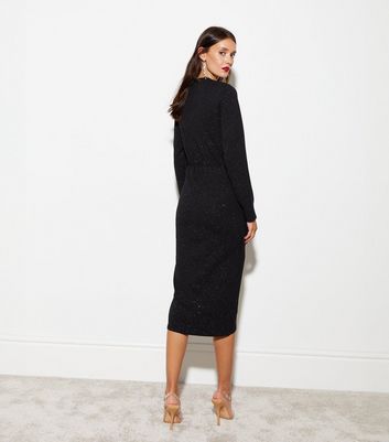 Black Glitter Ruched Midi Dress | New Look