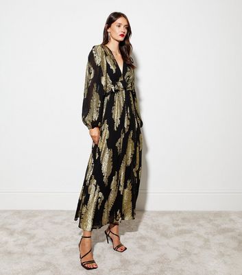 Gold Abstract Print V Neck Maxi Dress New Look