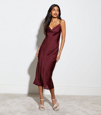 Burgundy Satin Cowl Neck Midi Dress | New Look