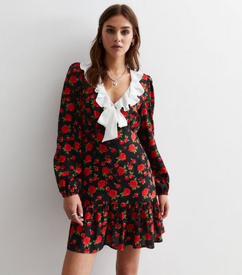 Black Ditsy Rose Print Ruffle Bow Mini Dress | New Look