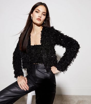 Black Fluffy Sequin Crop Cardigan | New Look