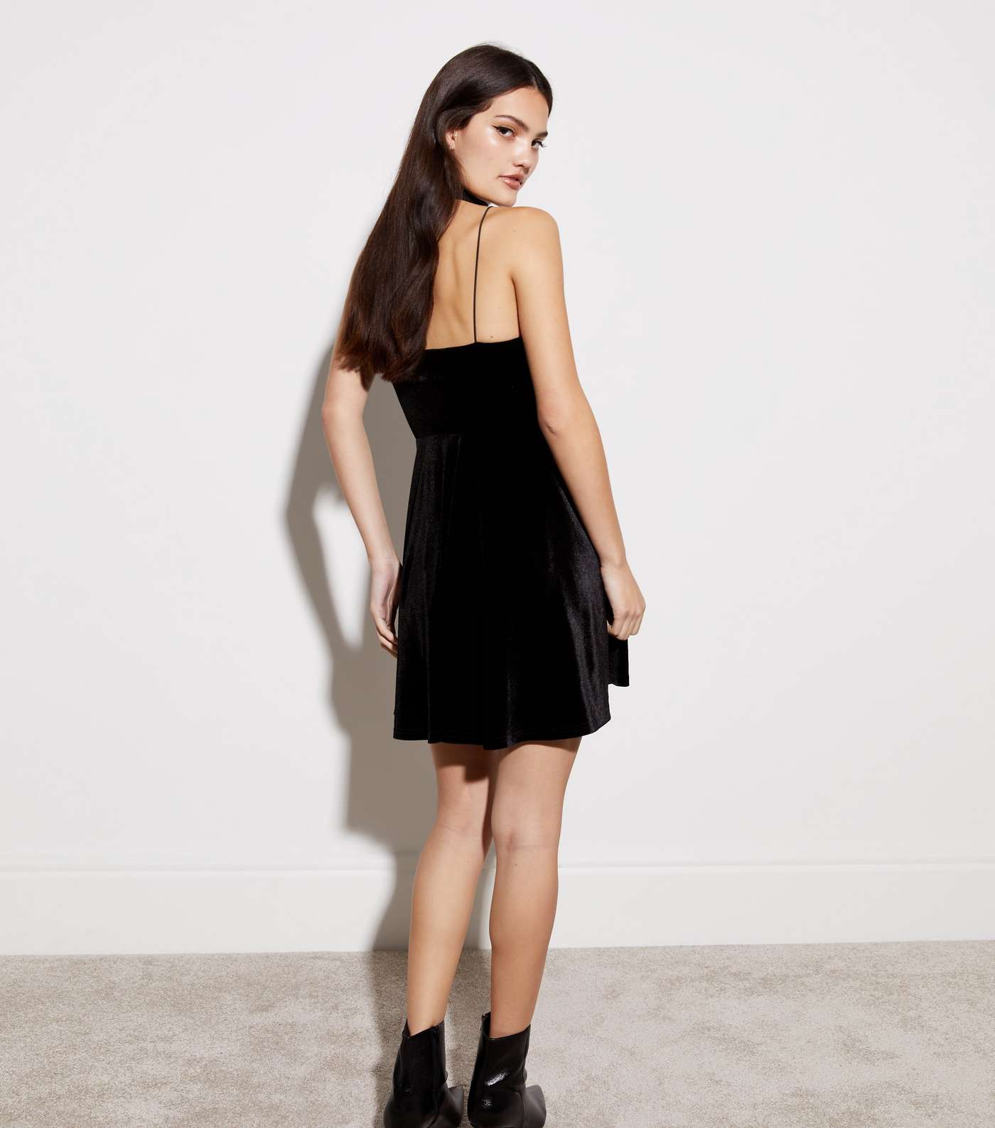 Black Velvet Lace Trim Strappy Mini Dress Image 4