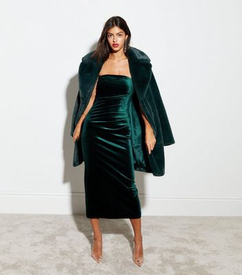 Dark Green Velvet Bandeau Ruched Midaxi Dress New Look