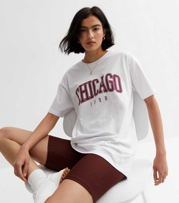 White Cotton Oversized Chicago Logo T-Shirt