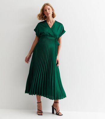 Maternity Dark Green Satin Pleated Wrap Midi Dress New Look