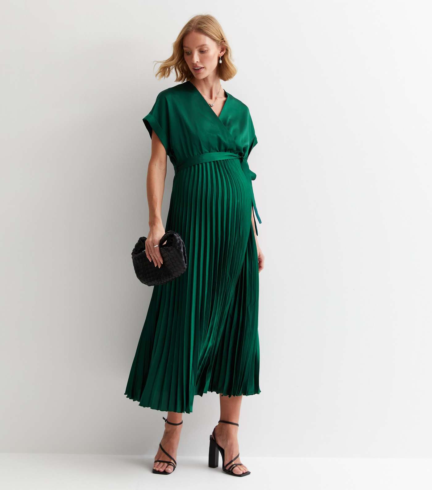 Maternity Dark Green Satin Pleated Wrap Midi Dress Image 3