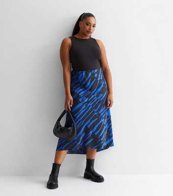 Curves Blue Animal Print Satin Midi Skirt