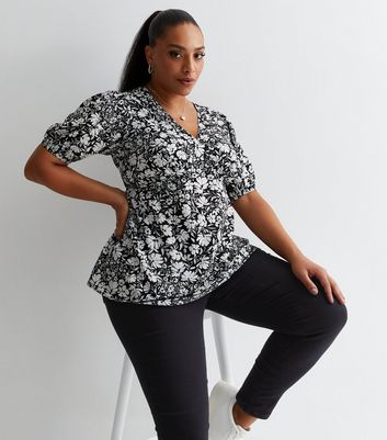 Curves Black Floral V Neck Puff Sleeve Top | New Look