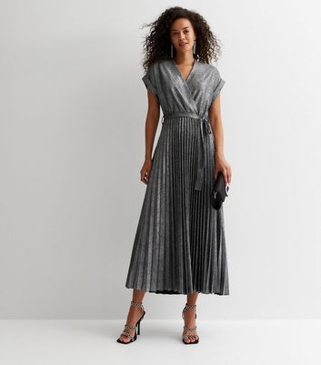 Tall Silver Glitter Pleated Wrap Midaxi Dress