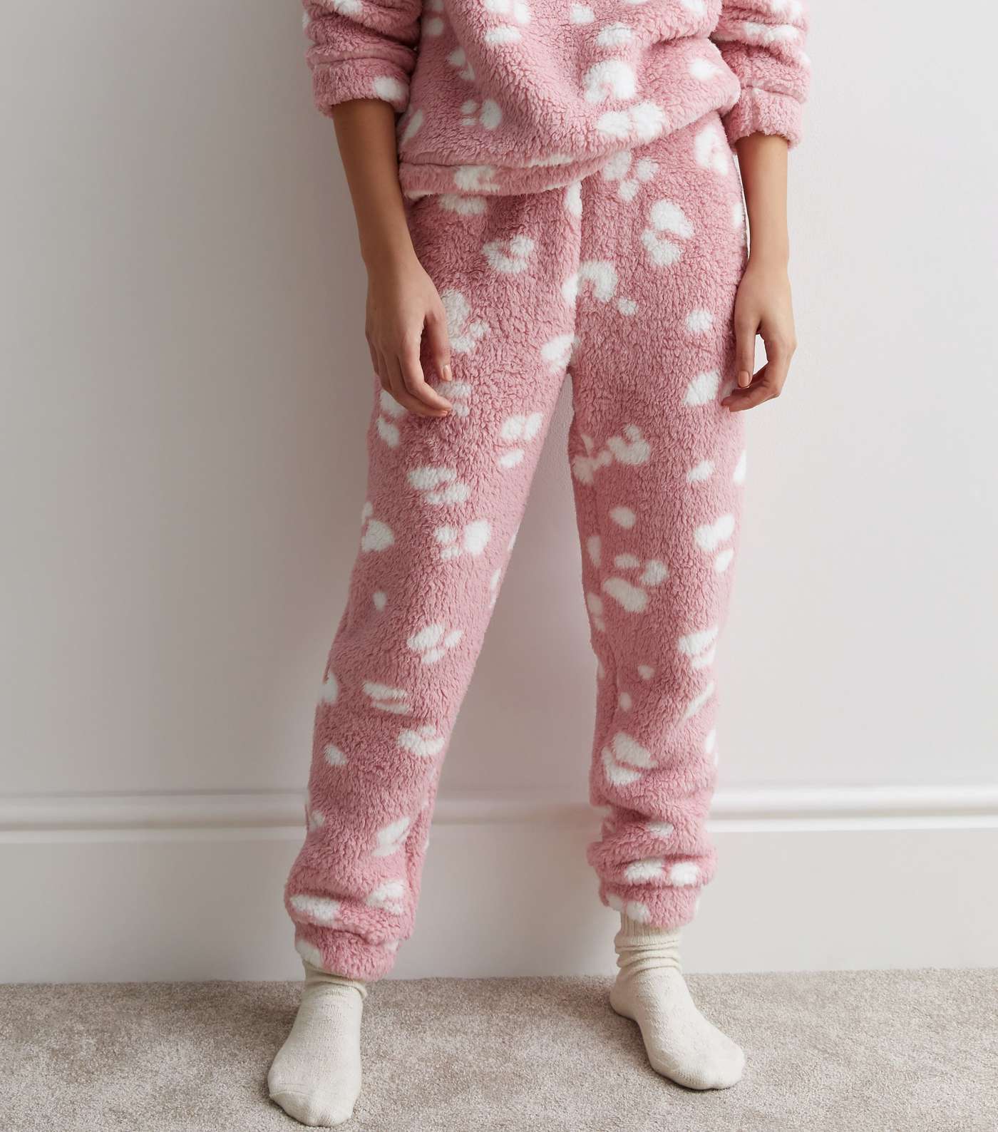Pink Borg Pyjama Joggers with Animal Print Image 3