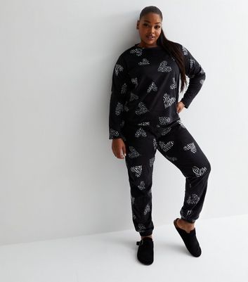 Curves Black Fleece Jogger Pyjama Set with Animal Heart Print