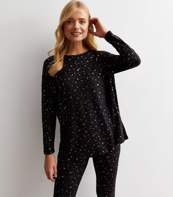 Black Soft Touch Legging Pyjama Set with Foil Star Print New Look