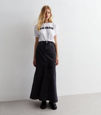 Black denim flare on sale skirt