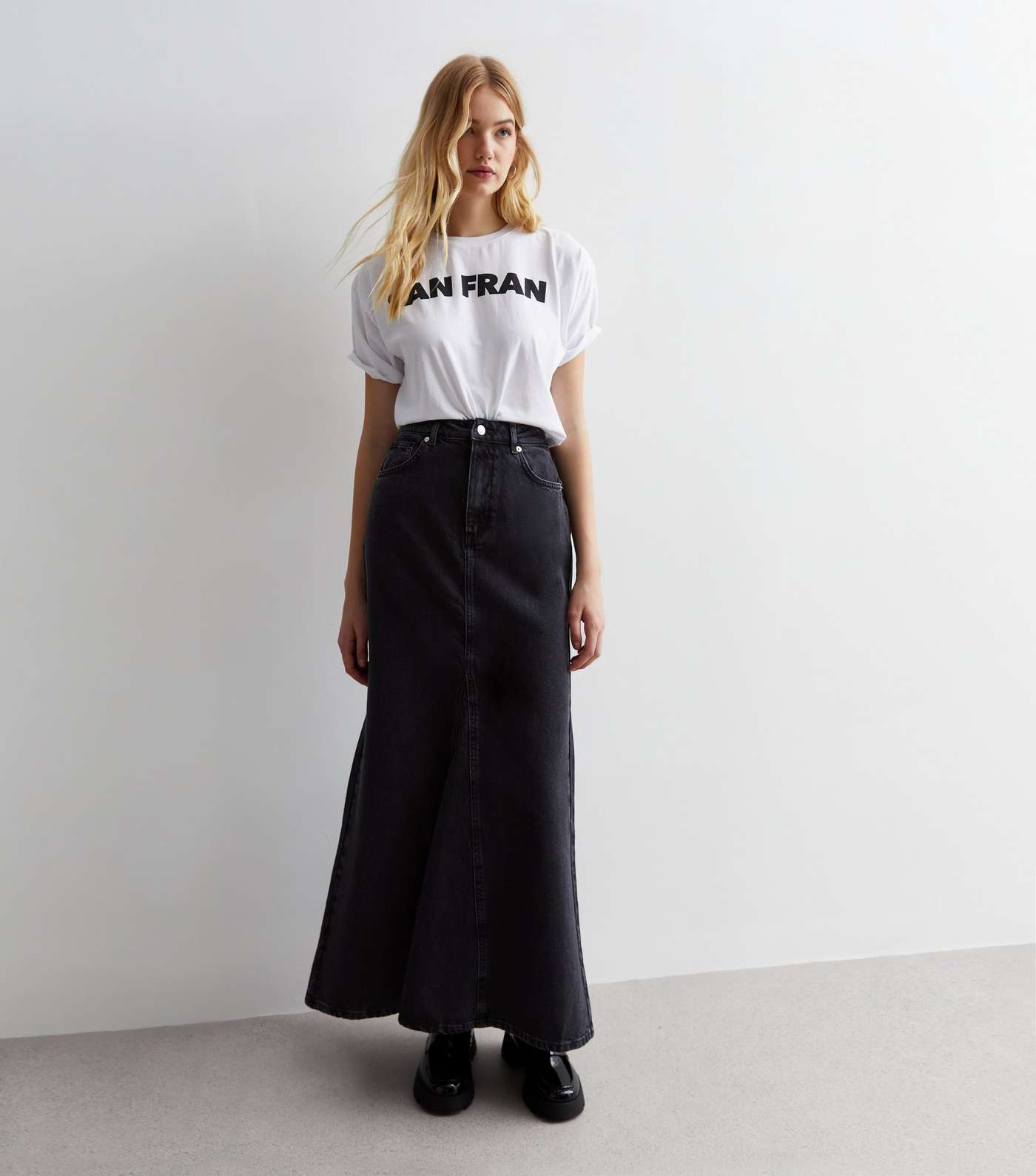 Black Denim Flared Maxi Skirt Image 4